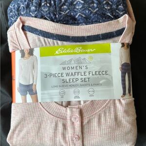 Eddie Bauer Women's Waffle Fleece Sleep Set in Soft light Pink and Blue